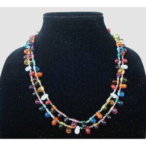 Multicolor Glass Bead Double Strand Necklace Handmade Bohemian Style 40"